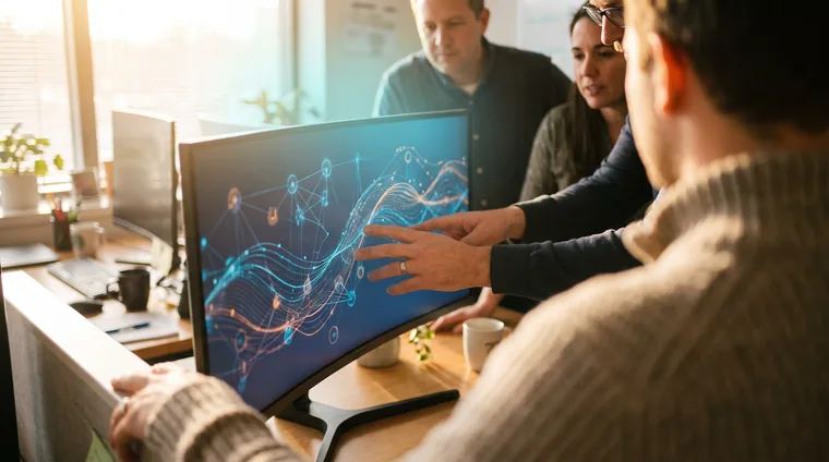 A team learning together at a screen